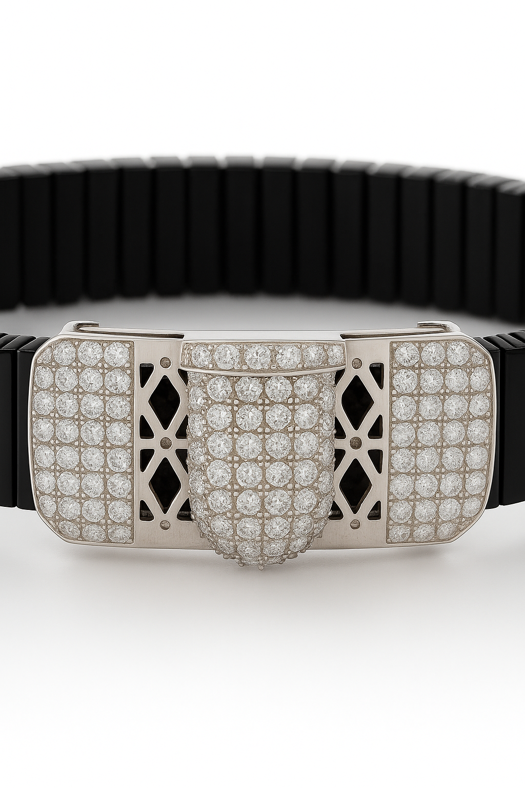 Black Silver Men’s Bracelet with Triple CZ Plate & Diamond Cut Frame