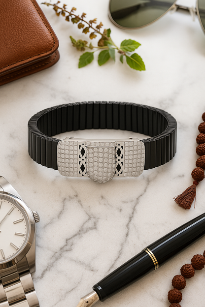 Black Silver Men’s Bracelet with Triple CZ Plate & Diamond Cut Frame