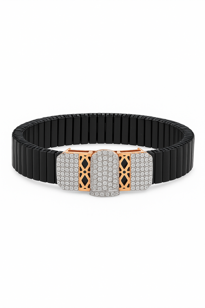 Black Silver Men’s Bracelet with Triple CZ Plate & Diamond Cut Frame