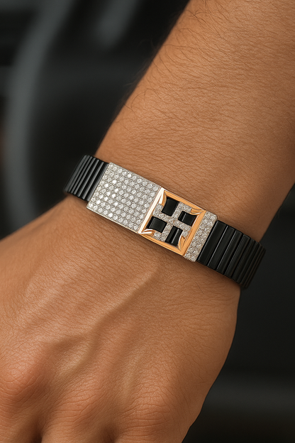 Black Rose Gold Men’s Bracelet with Swastik Plate & CZ Pavé Panel