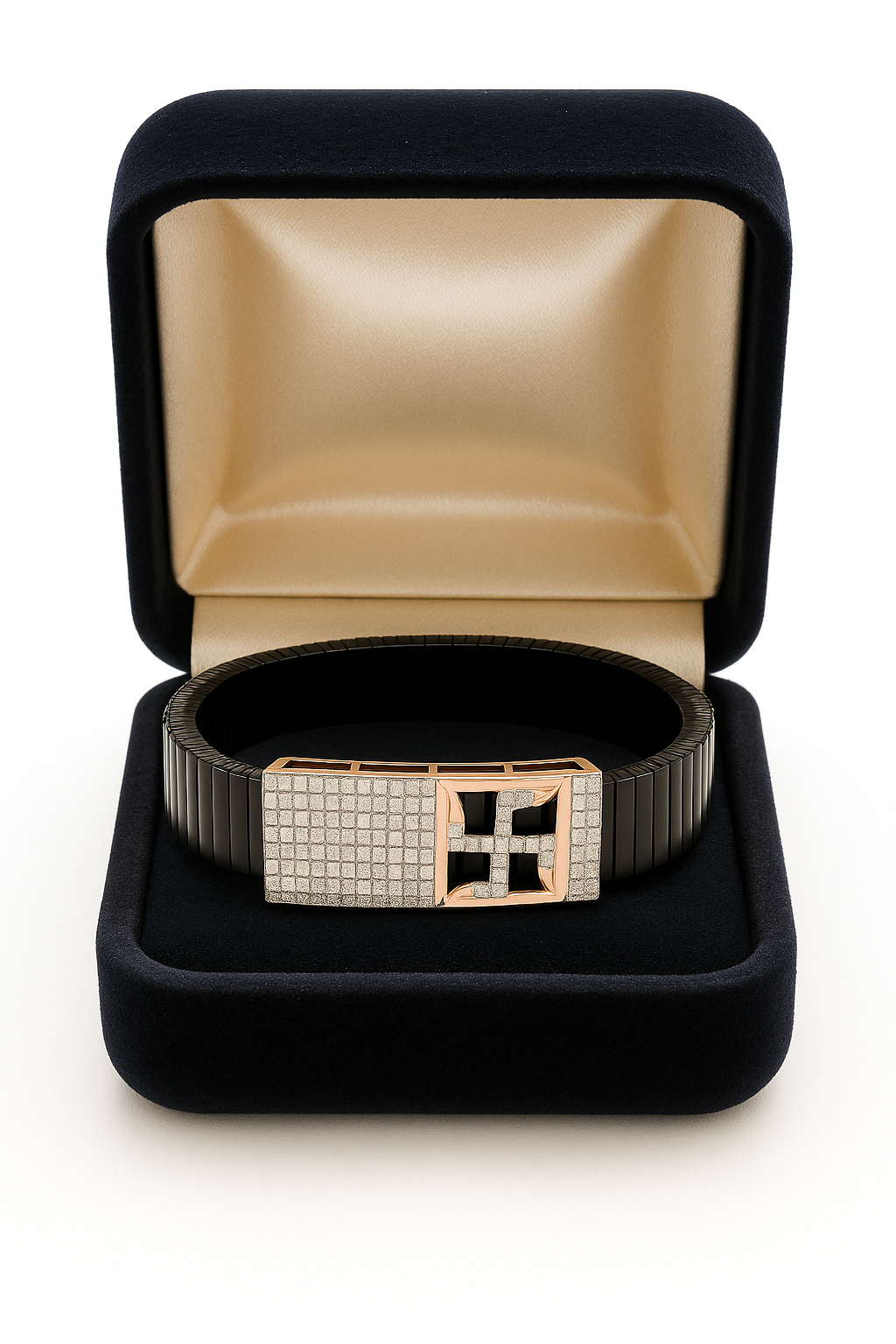 Black Rose Gold Men’s Bracelet with Swastik Plate & CZ Pavé Panel