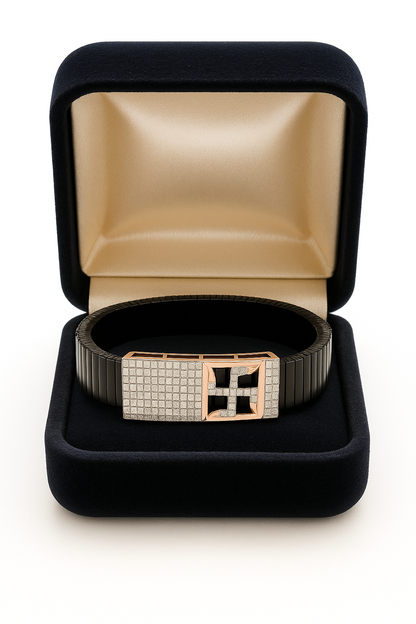 Black Rose Gold Men’s Bracelet with Swastik Plate & CZ Pavé Panel