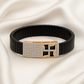 Black Rose Gold Men’s Bracelet with Swastik Plate & CZ Pavé Panel