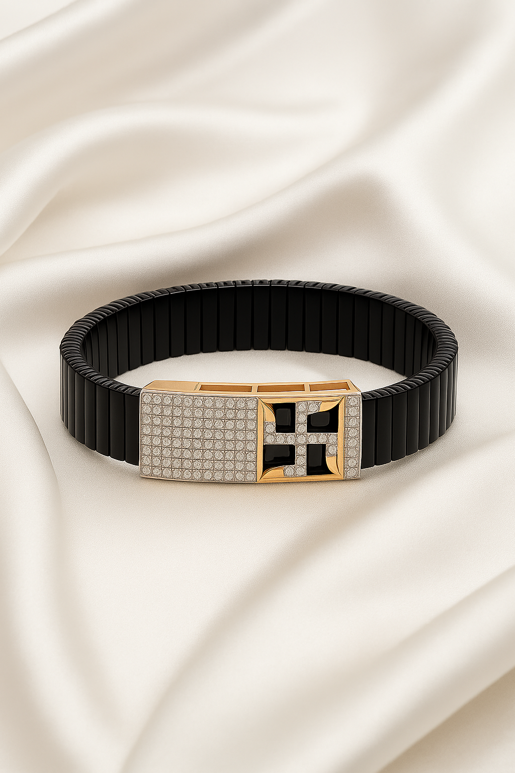 Black Rose Gold Men’s Bracelet with Swastik Plate & CZ Pavé Panel