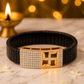 Black Rose Gold Men’s Bracelet with Swastik Plate & CZ Pavé Panel