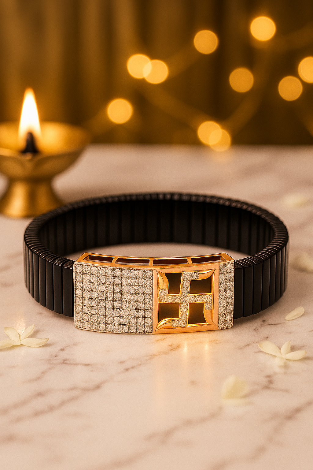 Black Rose Gold Men’s Bracelet with Swastik Plate & CZ Pavé Panel
