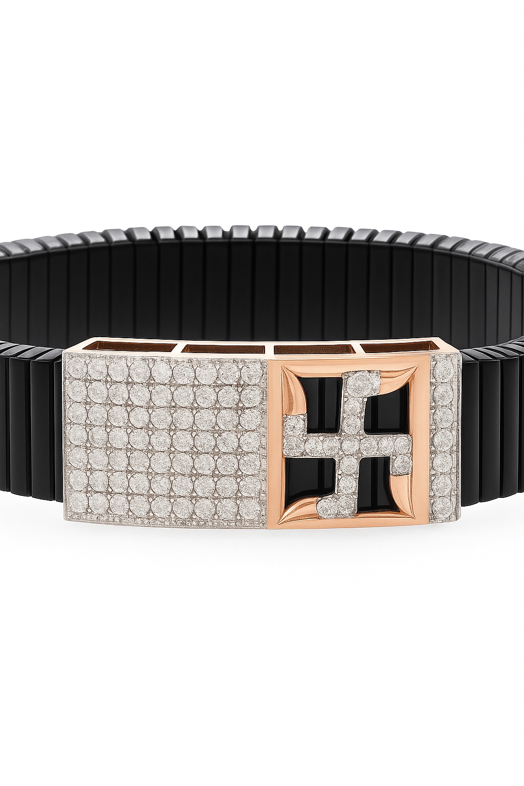 Black Rose Gold Men’s Bracelet with Swastik Plate & CZ Pavé Panel