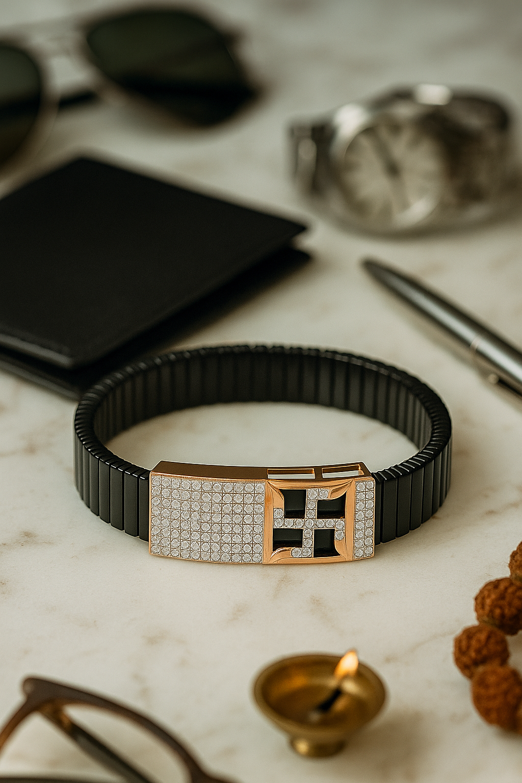 Black Rose Gold Men’s Bracelet with Swastik Plate & CZ Pavé Panel