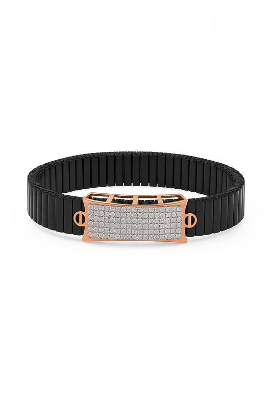 Black Rose Gold Men’s Bracelet with Full CZ Pavé Plate & Icon Ends