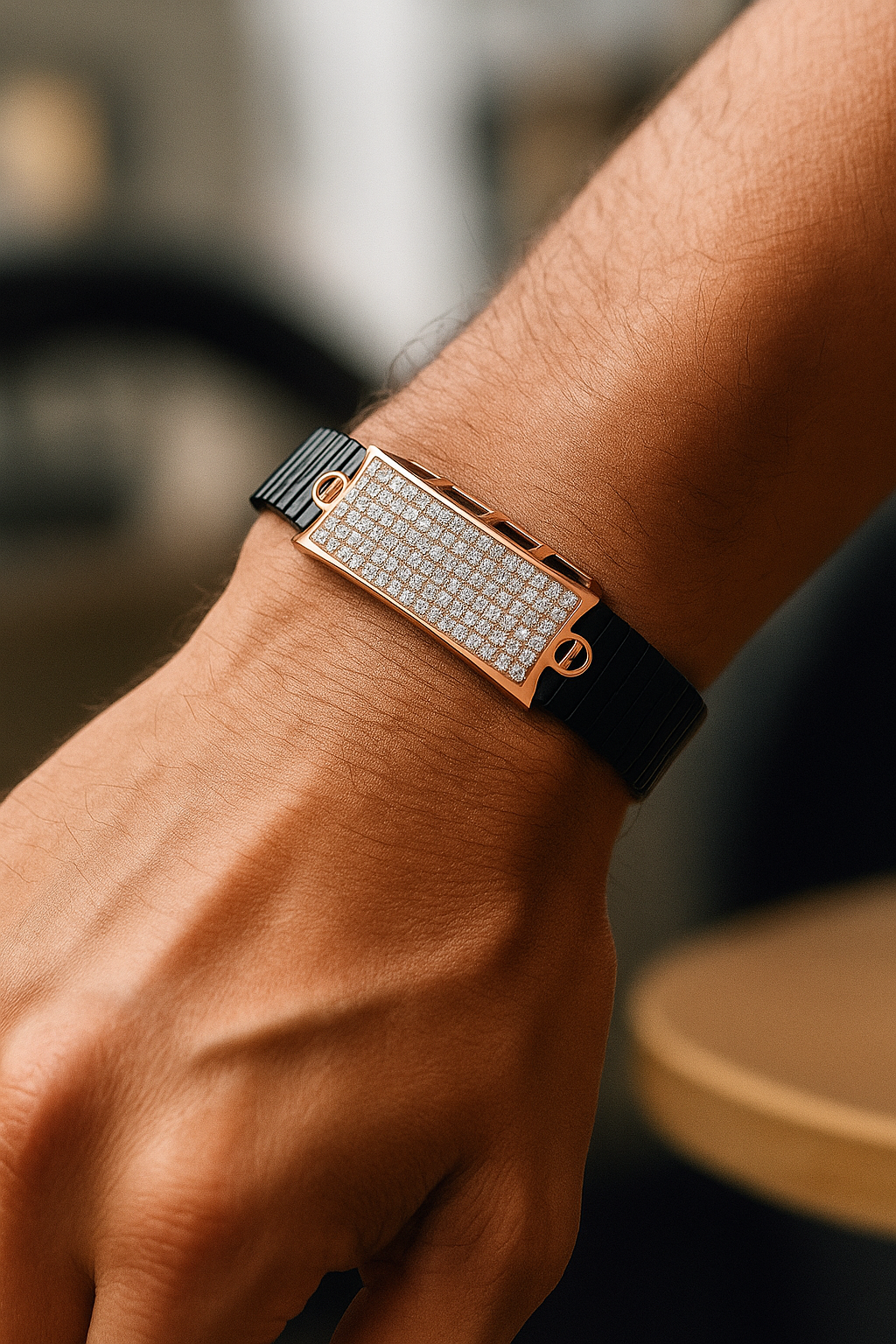 Black Rose Gold Men’s Bracelet with Full CZ Pavé Plate & Icon Ends