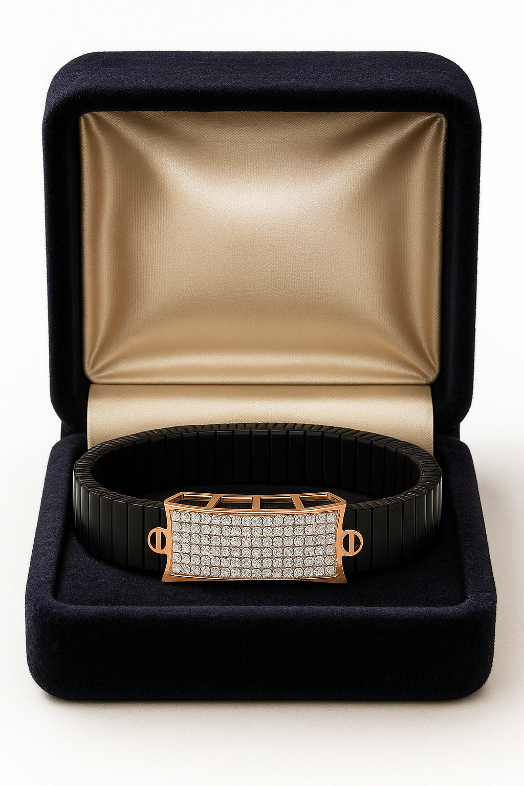 Black Rose Gold Men’s Bracelet with Full CZ Pavé Plate & Icon Ends