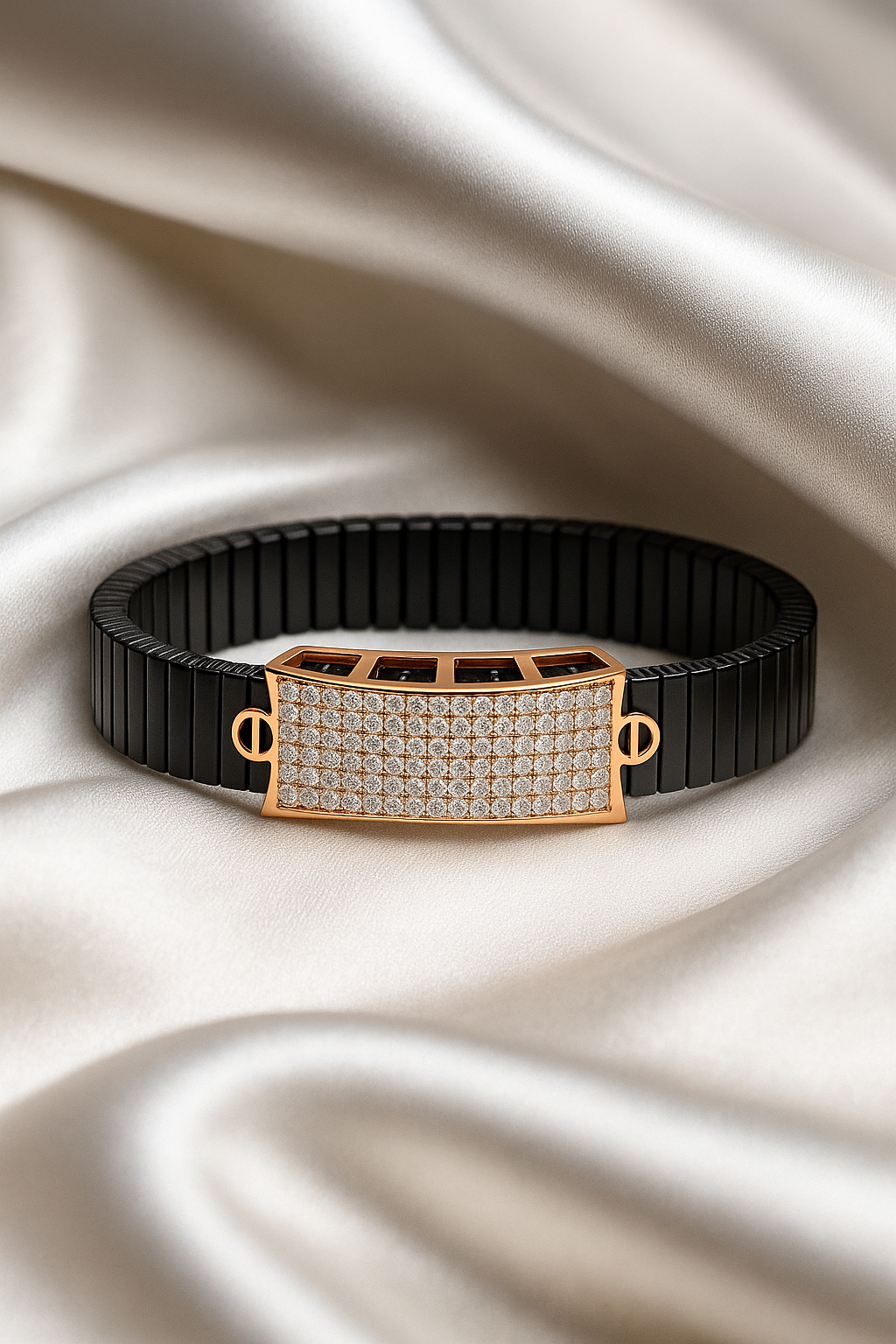 Black Rose Gold Men’s Bracelet with Full CZ Pavé Plate & Icon Ends