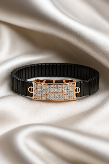 Black Rose Gold Men’s Bracelet with Full CZ Pavé Plate & Icon Ends
