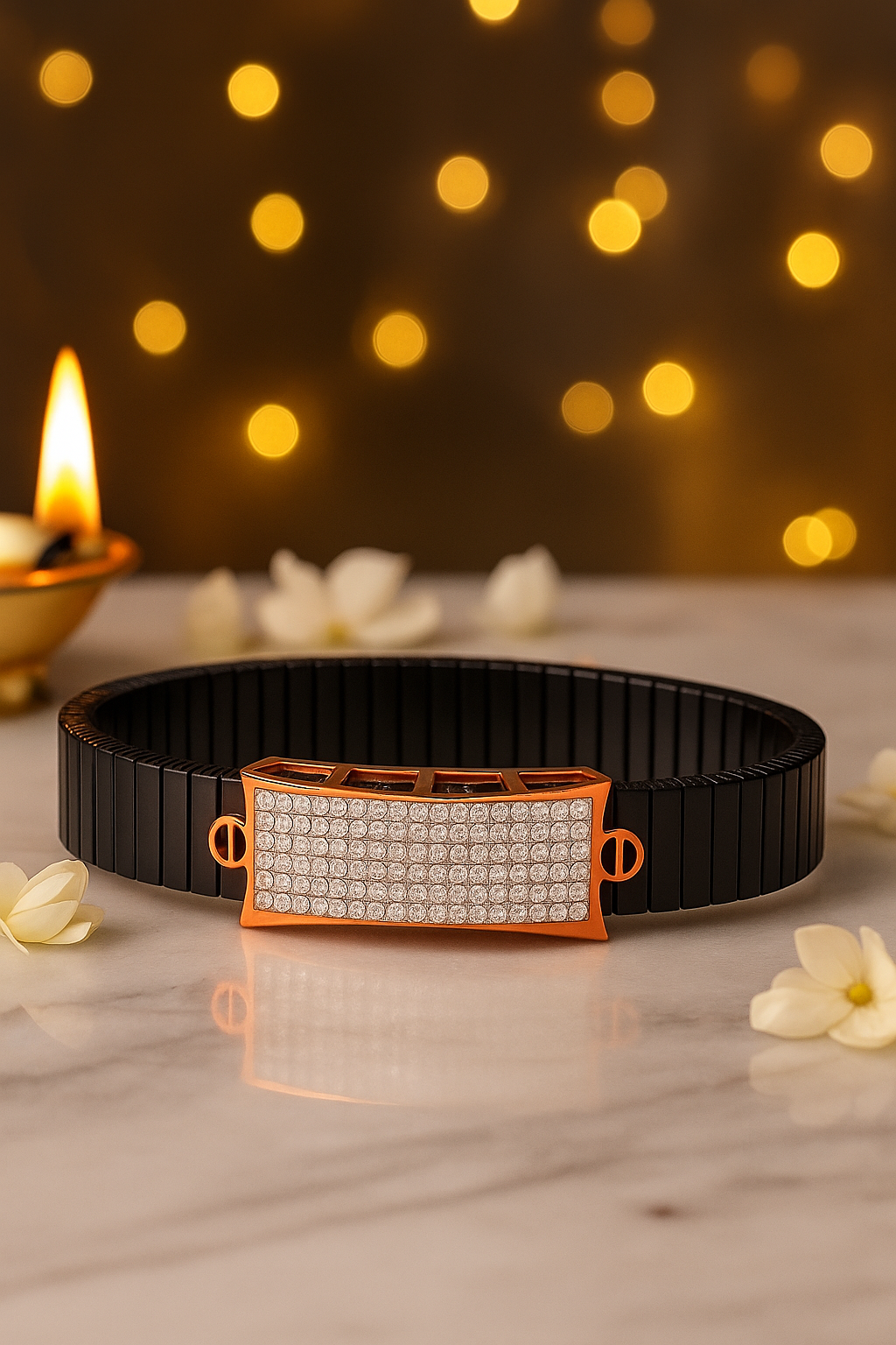 Black Rose Gold Men’s Bracelet with Full CZ Pavé Plate & Icon Ends