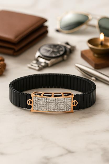 Black Rose Gold Men’s Bracelet with Full CZ Pavé Plate & Icon Ends