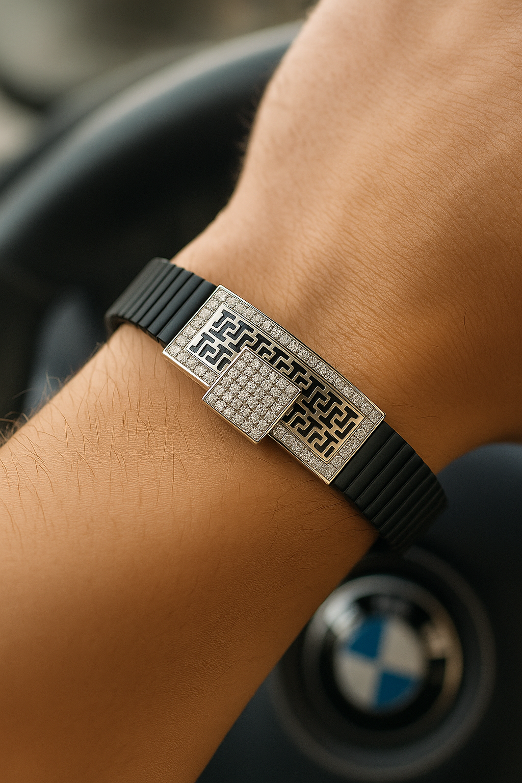 Black Silver Men’s Bracelet with Greek Key Plate & Center CZ Block