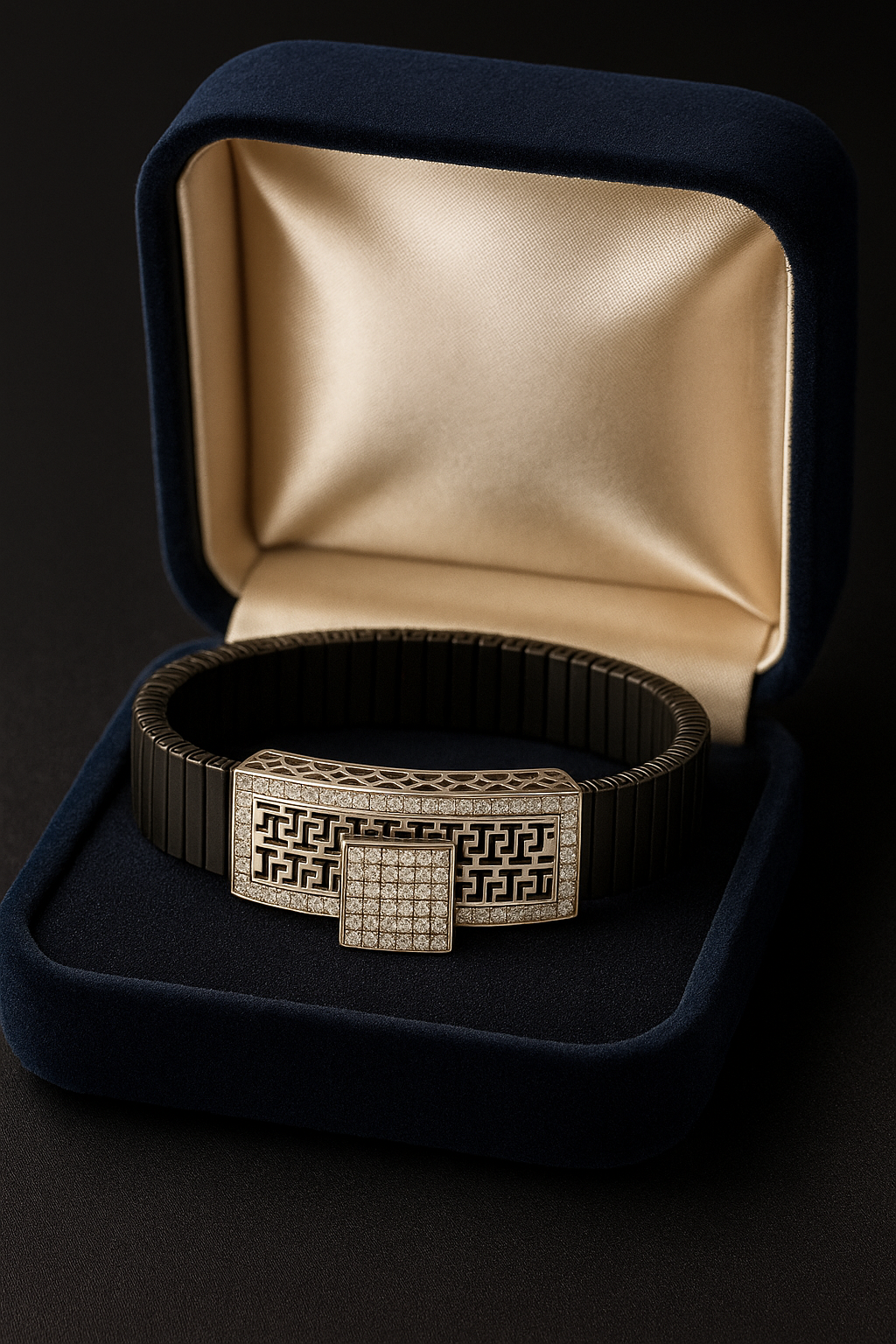 Black Silver Men’s Bracelet with Greek Key Plate & Center CZ Block