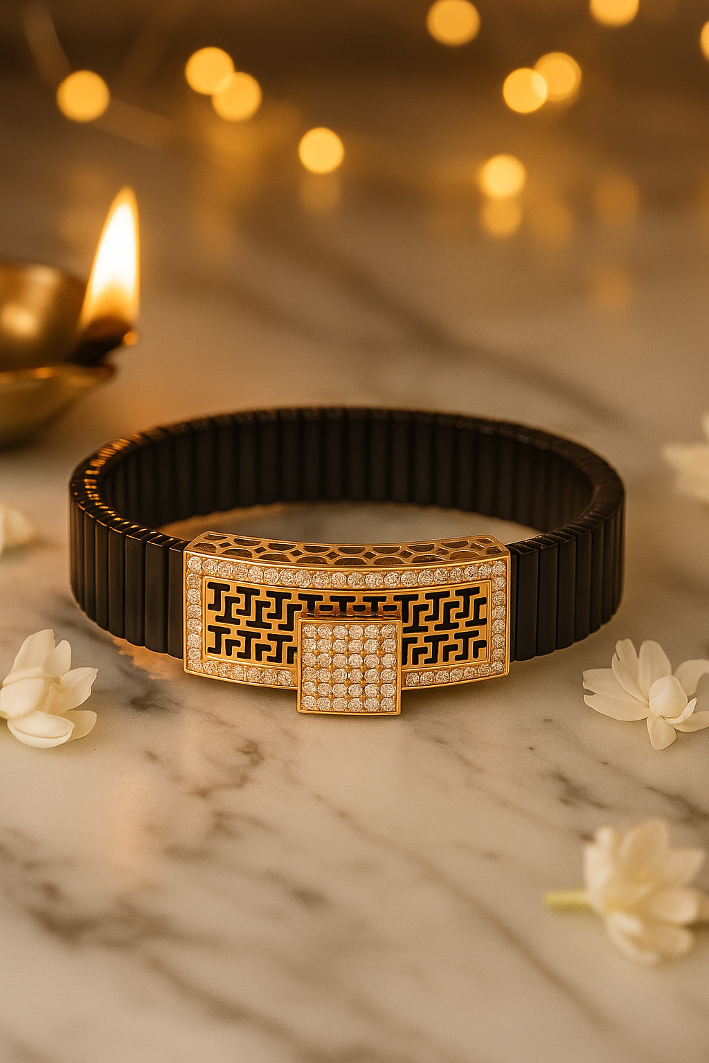 Black Silver Men’s Bracelet with Greek Key Plate & Center CZ Block