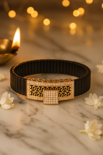 Black Silver Men’s Bracelet with Greek Key Plate & Center CZ Block