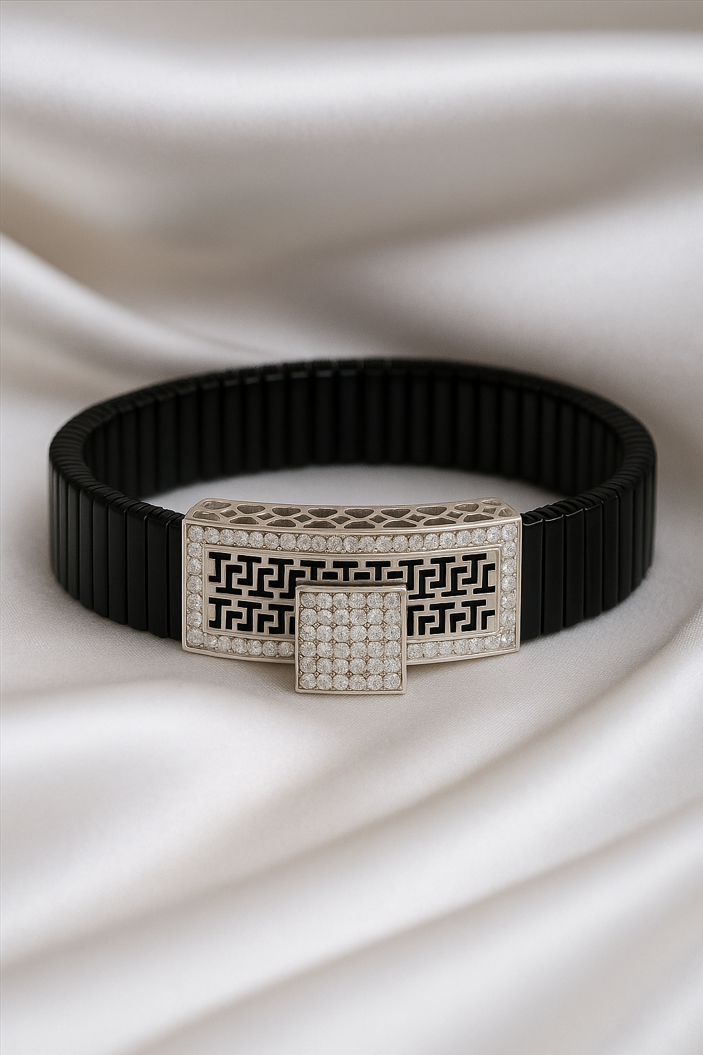 Black Silver Men’s Bracelet with Greek Key Plate & Center CZ Block