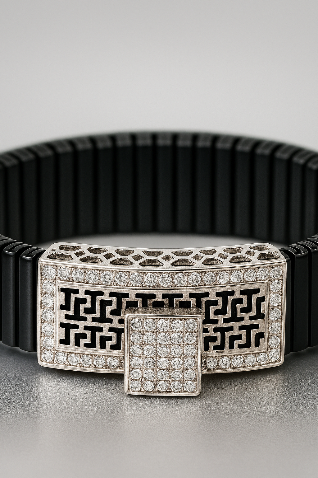 Black Silver Men’s Bracelet with Greek Key Plate & Center CZ Block