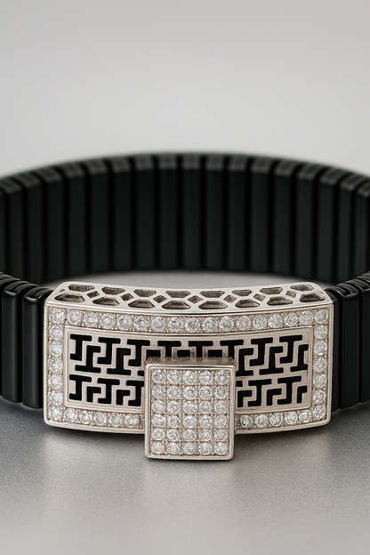 Black Silver Men’s Bracelet with Greek Key Plate & Center CZ Block