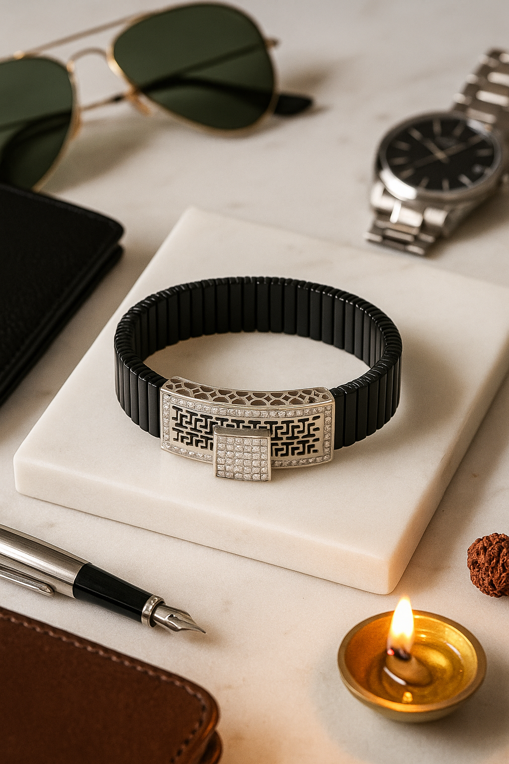 Black Silver Men’s Bracelet with Greek Key Plate & Center CZ Block