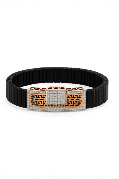 Black Silver Men’s Bracelet with Greek Key Plate & Center CZ Block