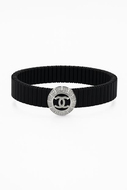 Black Silver Men’s Bracelet with Circle Emblem & CZ Accent Design