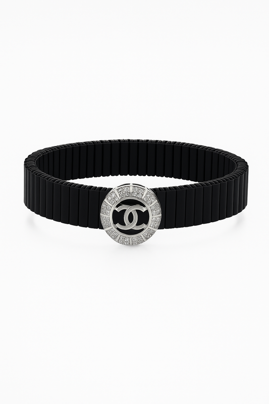 Black Silver Men’s Bracelet with Circle Emblem & CZ Accent Design