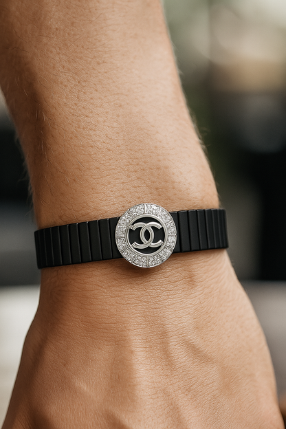 Black Silver Men’s Bracelet with Circle Emblem & CZ Accent Design