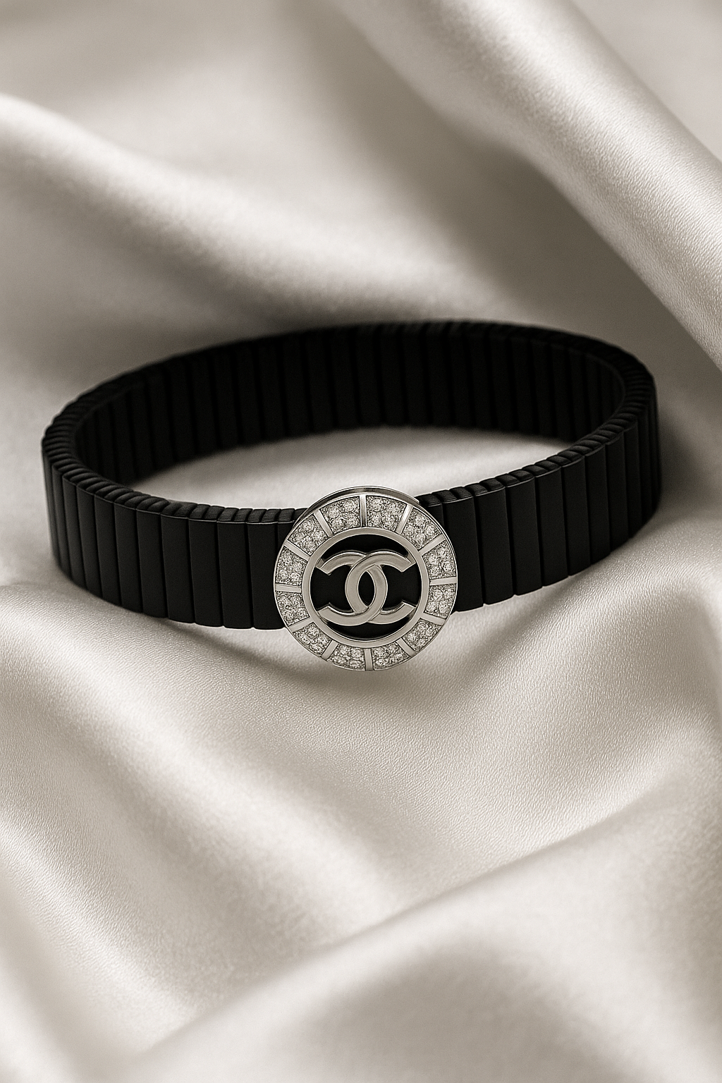 Black Silver Men’s Bracelet with Circle Emblem & CZ Accent Design