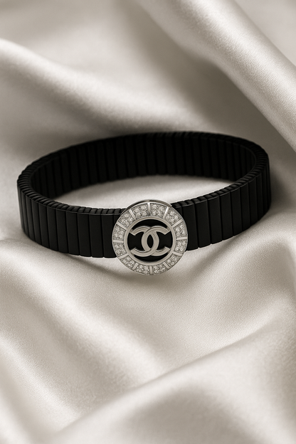 Black Silver Men’s Bracelet with Circle Emblem & CZ Accent Design