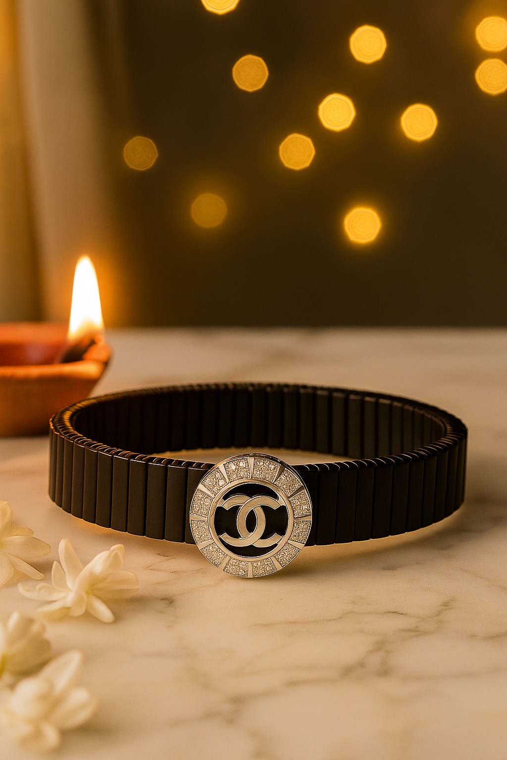 Black Silver Men’s Bracelet with Circle Emblem & CZ Accent Design