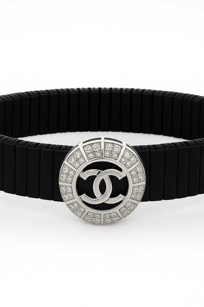 Black Silver Men’s Bracelet with Circle Emblem & CZ Accent Design