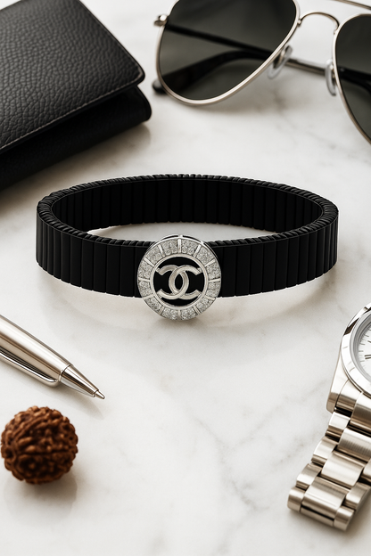 Black Silver Men’s Bracelet with Circle Emblem & CZ Accent Design