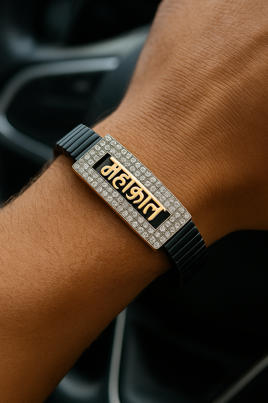 Black Rose Gold Men’s Bracelet with Mahakal Devotional Plate & CZ Frame