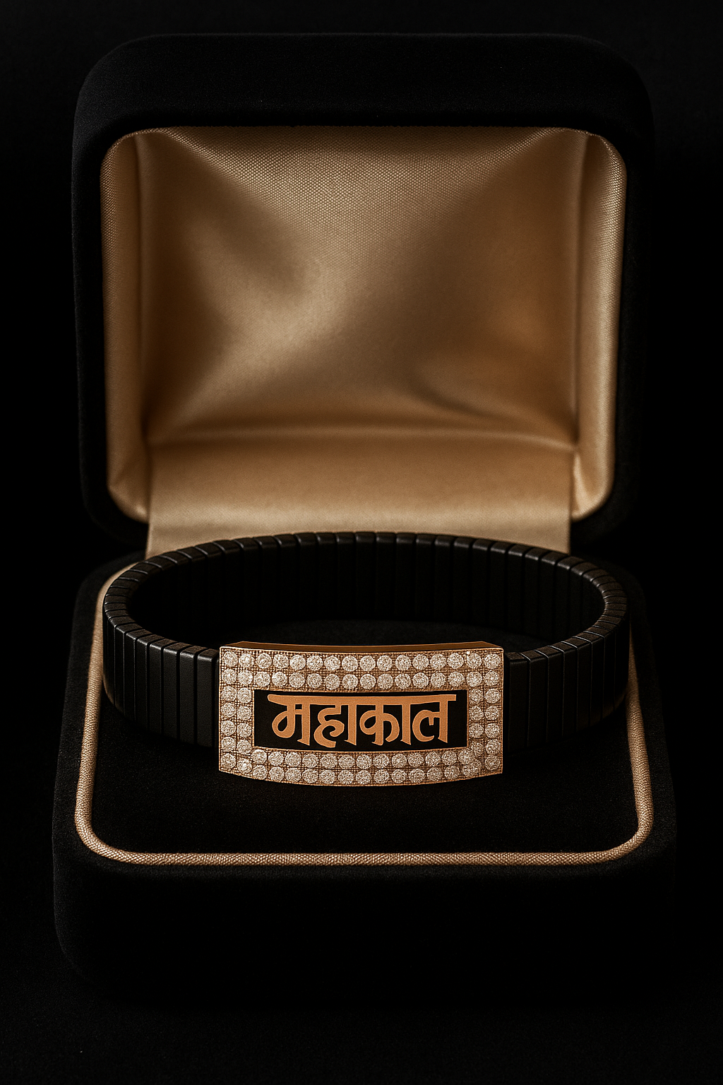 Black Rose Gold Men’s Bracelet with Mahakal Devotional Plate & CZ Frame