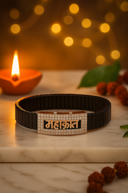 Black Rose Gold Men’s Bracelet with Mahakal Devotional Plate & CZ Frame