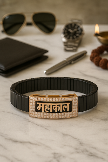 Black Rose Gold Men’s Bracelet with Mahakal Devotional Plate & CZ Frame