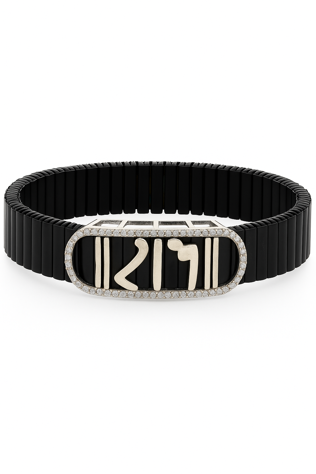 Black Silver Men’s Bracelet with Devotional Script Plate & CZ Border