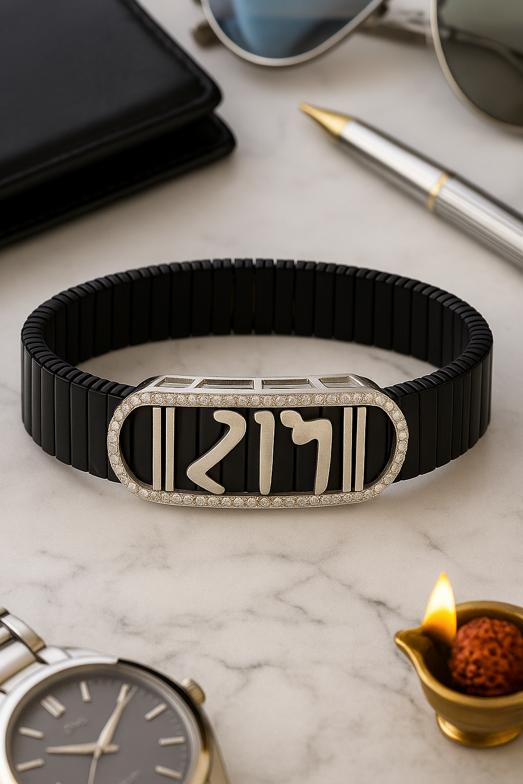 Black Silver Men’s Bracelet with Devotional Script Plate & CZ Border