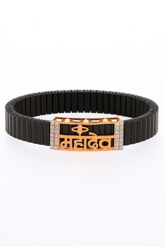 Black Rose Gold Men’s Bracelet with Mahakal Cutout Plate & CZ Side Borders