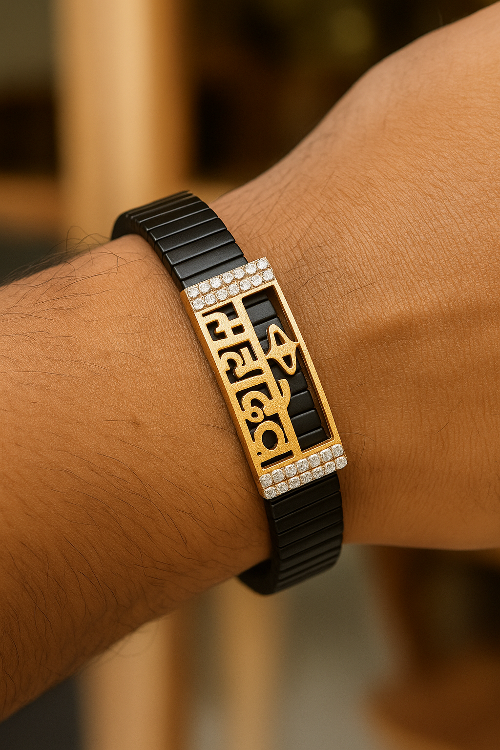 Black Rose Gold Men’s Bracelet with Mahakal Cutout Plate & CZ Side Borders