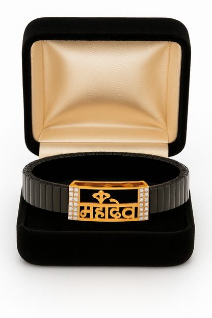 Black Rose Gold Men’s Bracelet with Mahakal Cutout Plate & CZ Side Borders