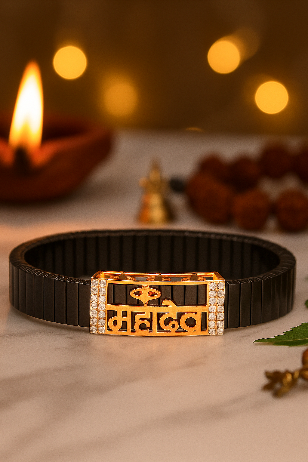 Black Rose Gold Men’s Bracelet with Mahakal Cutout Plate & CZ Side Borders