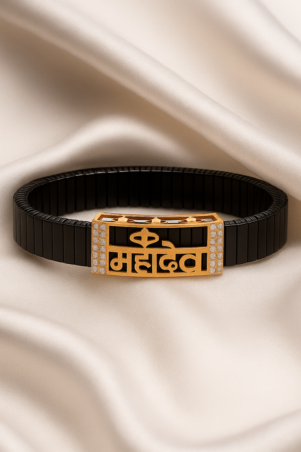 Black Rose Gold Men’s Bracelet with Mahakal Cutout Plate & CZ Side Borders
