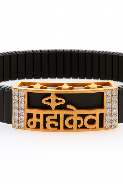 Black Rose Gold Men’s Bracelet with Mahakal Cutout Plate & CZ Side Borders