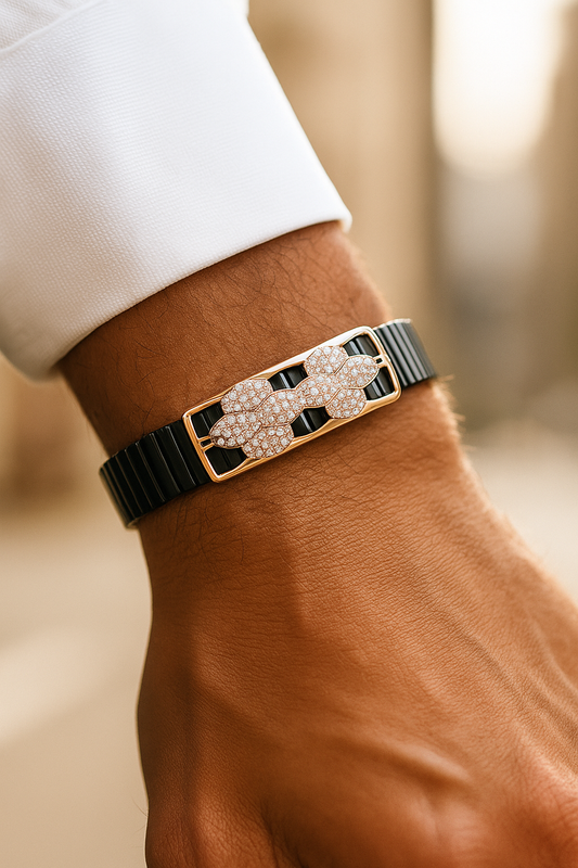 Black Rose Gold Men’s Bracelet with Cluster CZ Panel & Open Frame Design