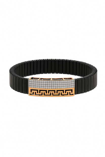 Black Rose Gold Men’s Bracelet with Greek Key Design & CZ Pavé Panel